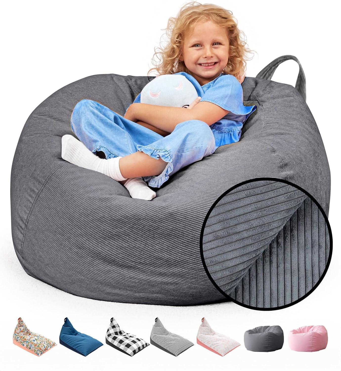 Stuffed Animal Bean Bag Storage for Kids - Grey Corduroy Chair