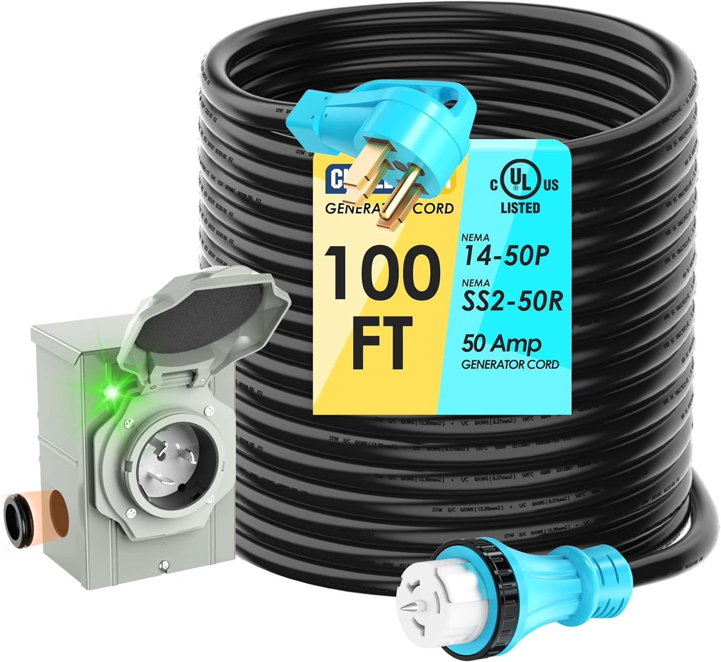 50 Amp 100 Feet Generator Cord and Power Inlet Box Combo Kit