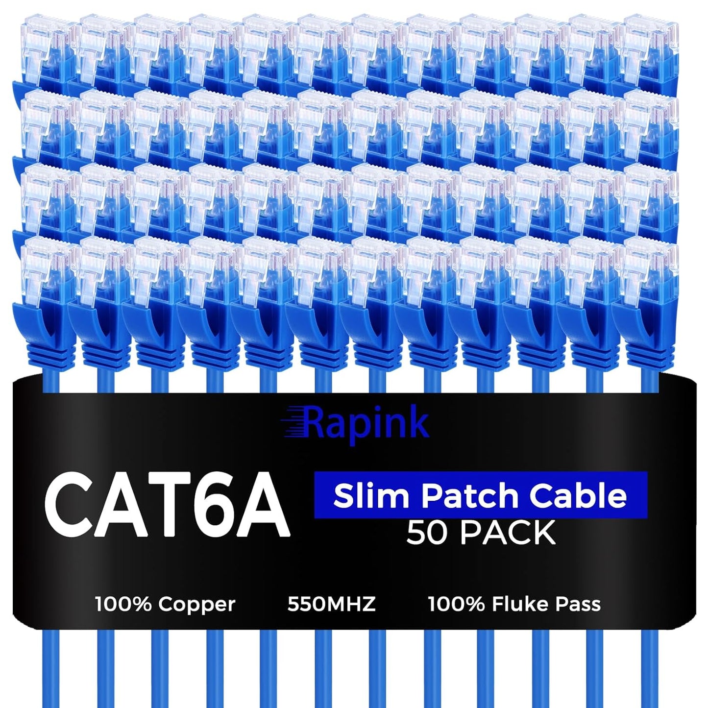 Rapink Cat6a Patch Cables 2ft Slim 50 Pack for Tight Spaces