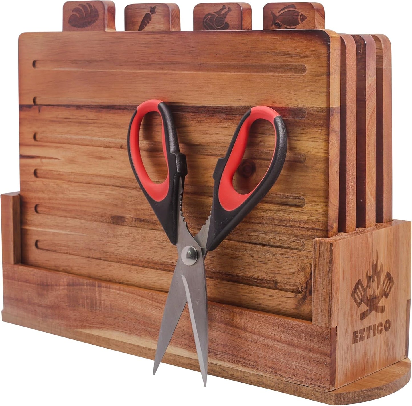Acacia Wood Cutting Board Set with Scissors and Stand for Kitchen