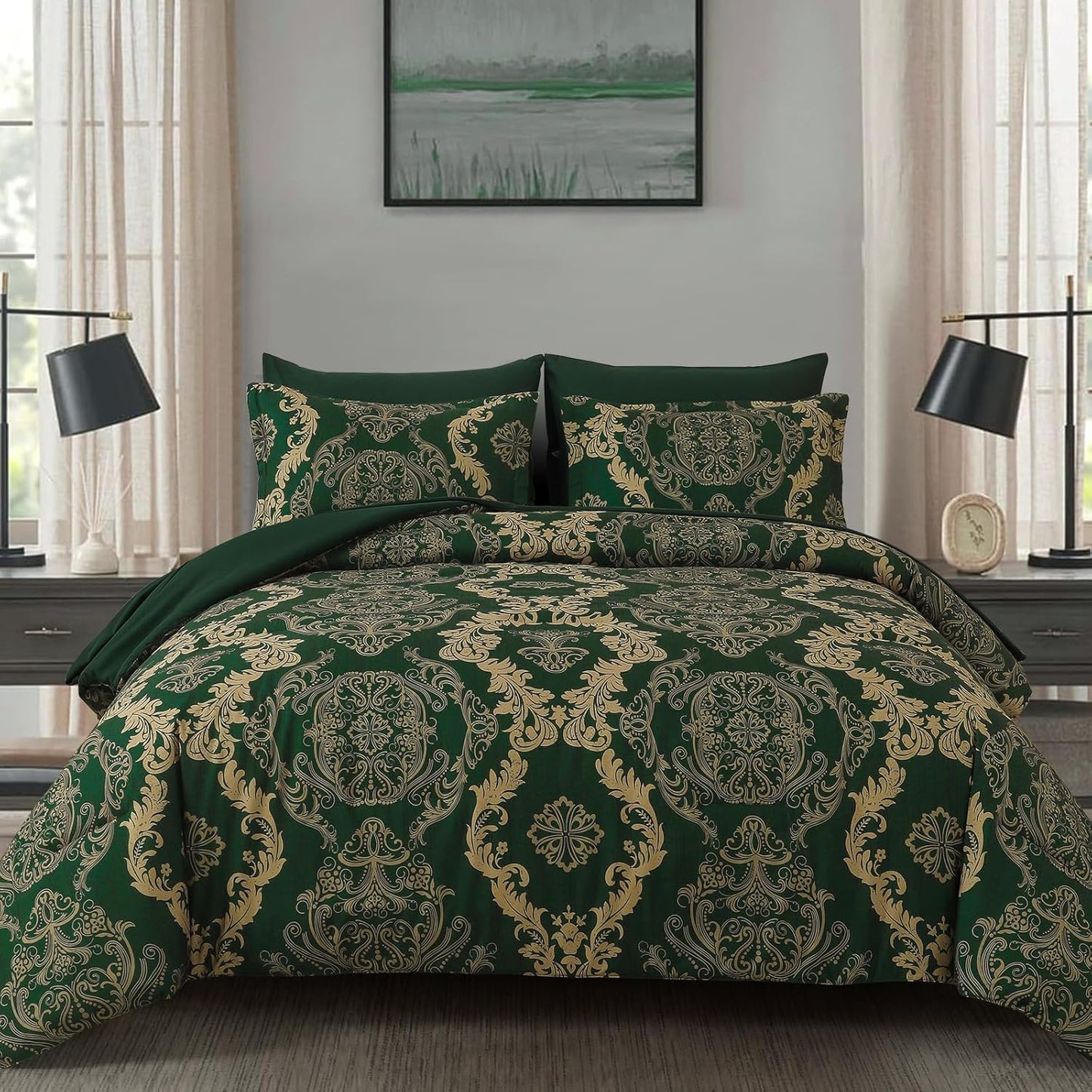 Green Damask Queen Size Comforter Set by WONGS BEDDING - 7 Piece