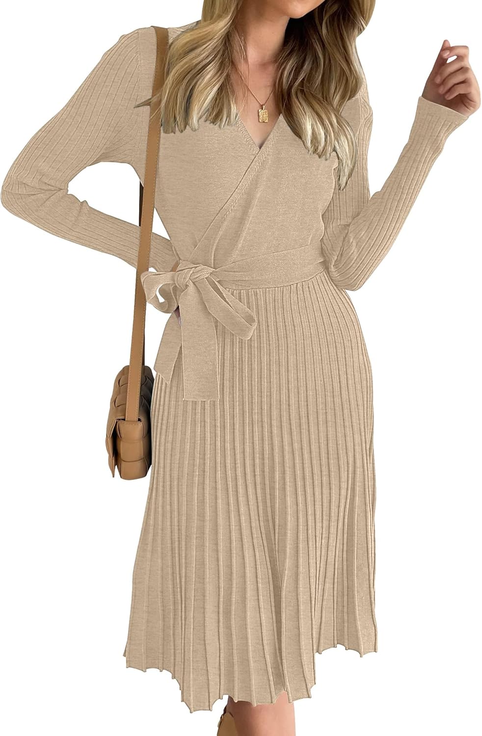 ZESICA Women's Fall Long Sleeve Wrap V Neck Sweater Dress