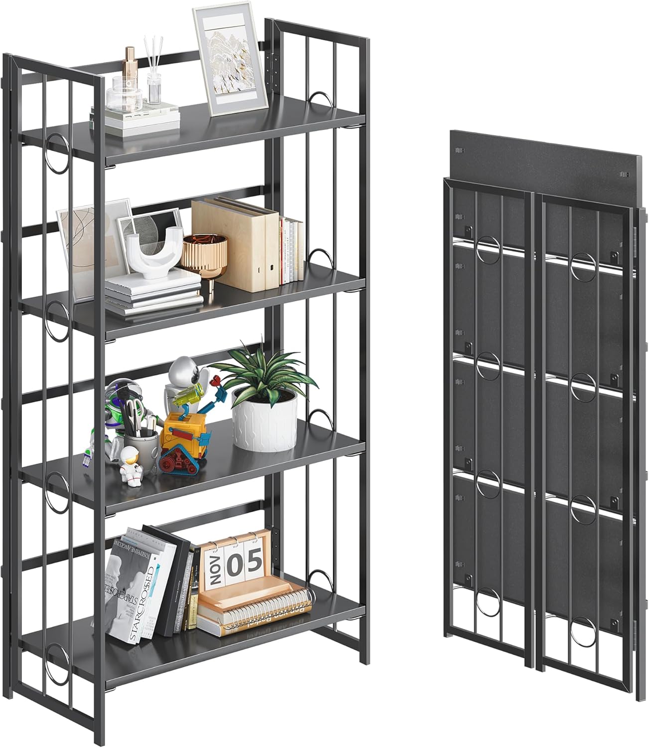 4NM No Assembly 4 Tiers Folding Bookshelf for Home Office