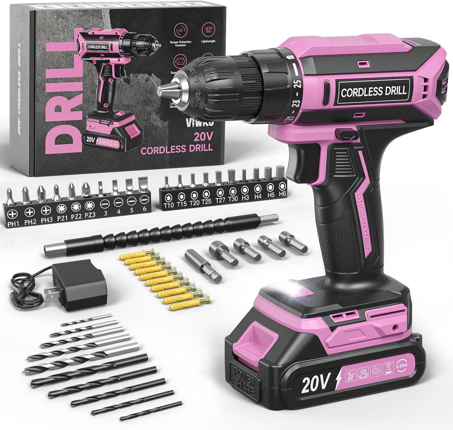 Pink Cordless Drill Set for Women - Lightweight 20V Power Tool