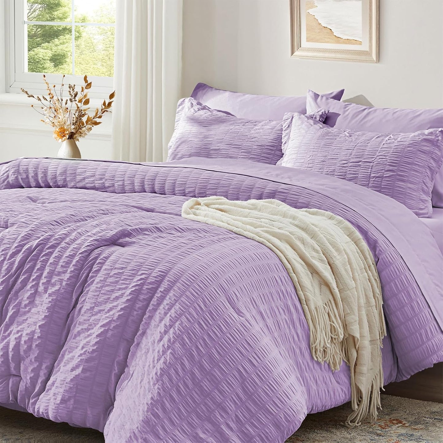 Zzlpp Queen Comforter Set 7 Pieces in Light Purple Seersucker