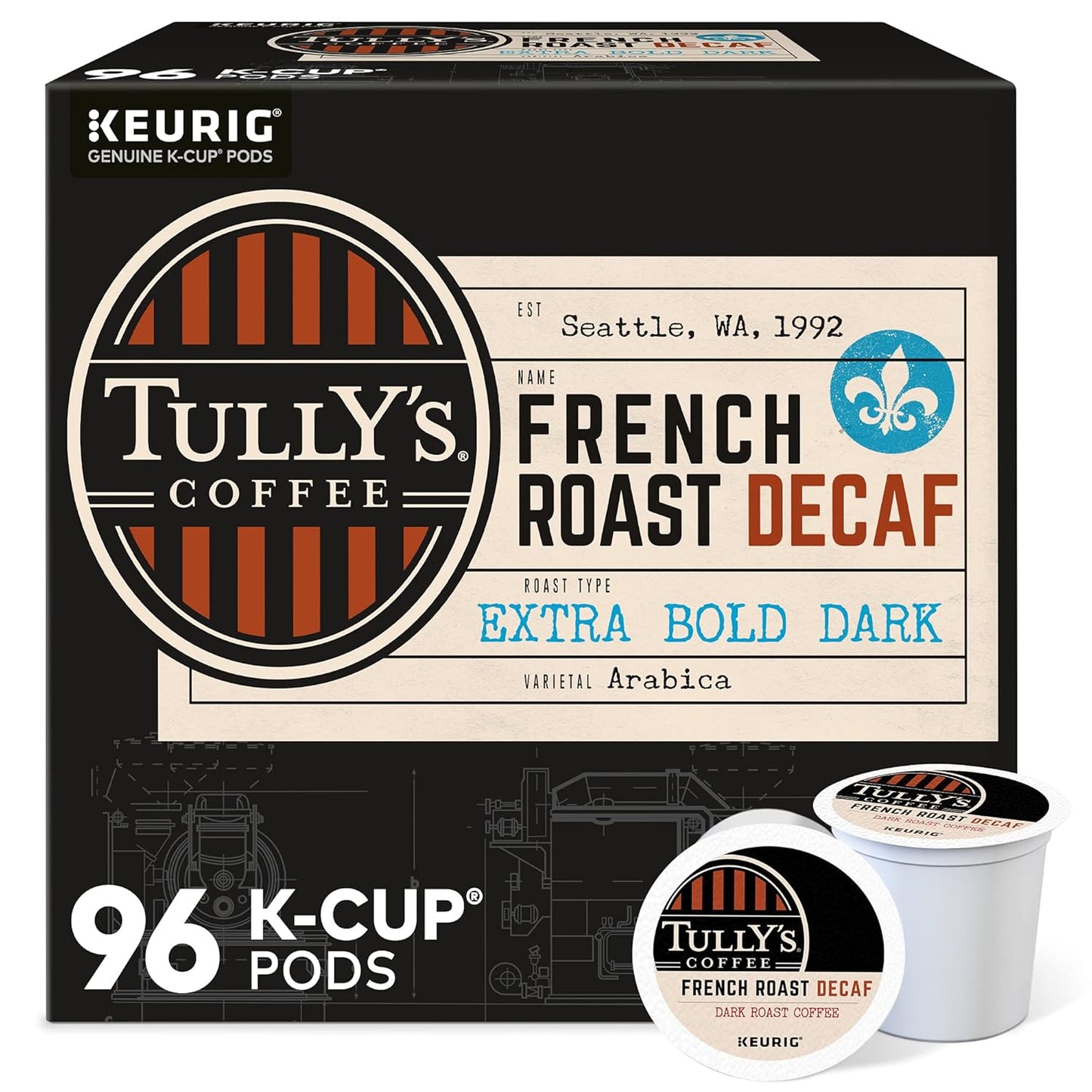 Tully's Coffee French Roast Decaf K-Cup Pods for Bold Flavor
