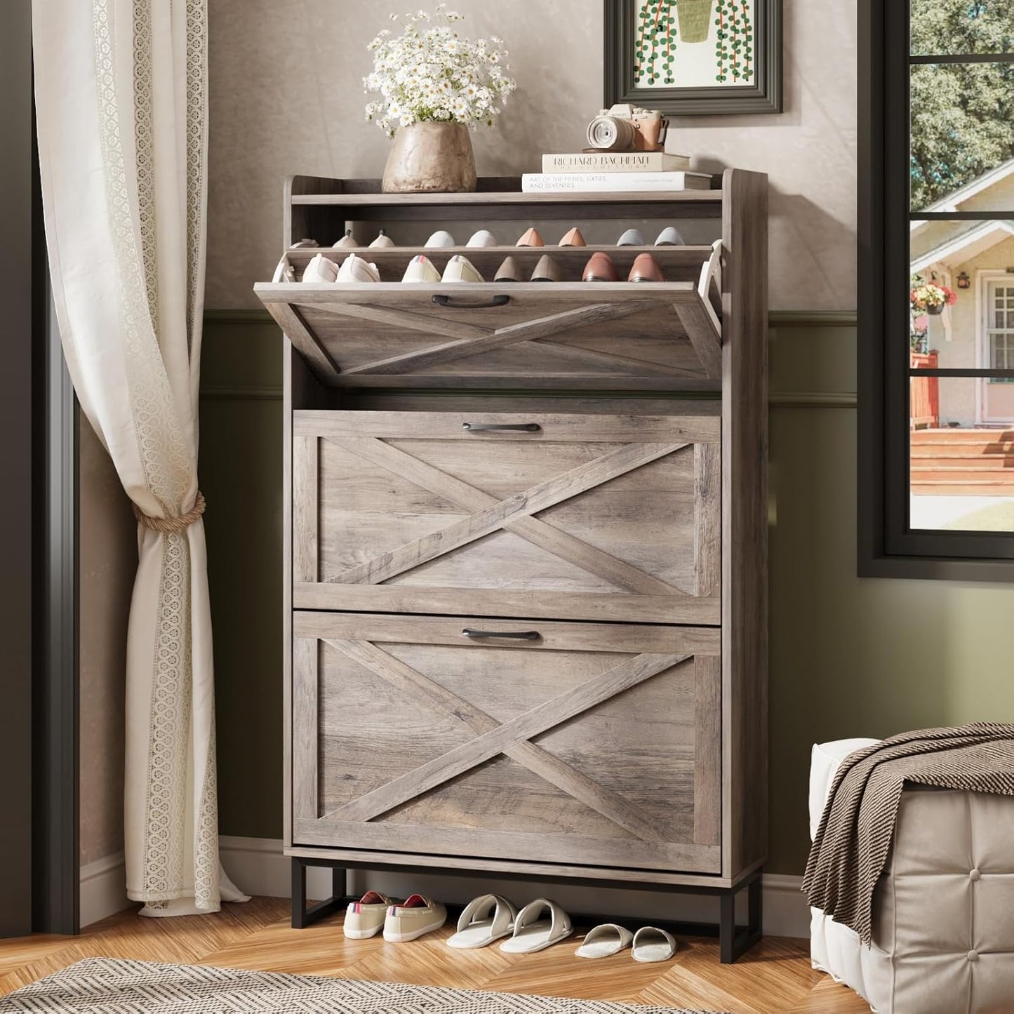 Maupvit Shoe Storage Cabinet with 3 Flip Drawers for Entryway