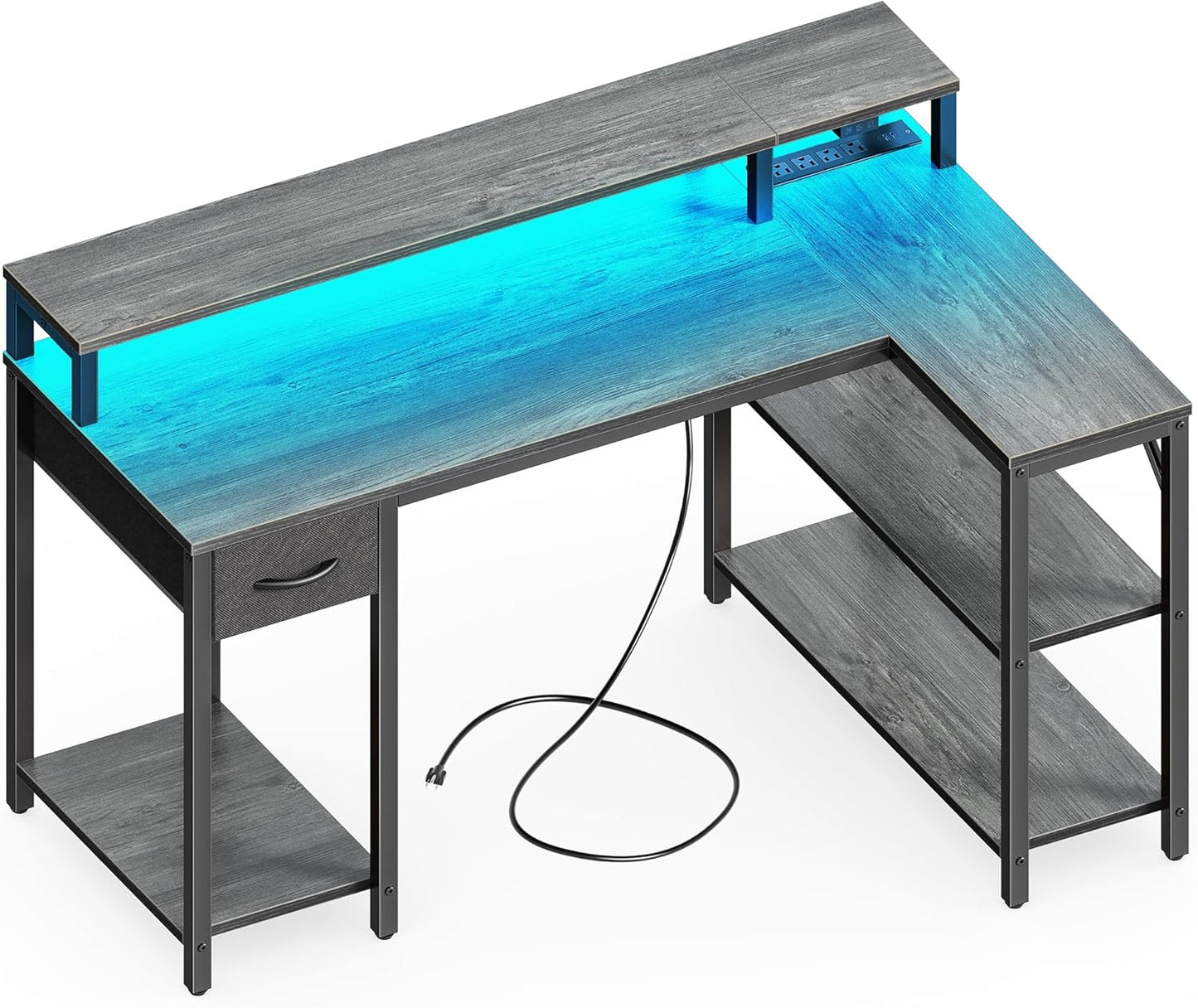 Reversible L Shaped Desk with LED Lights & Power Outlets