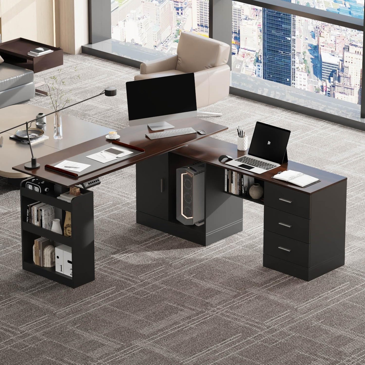 Height-Adjustable L-Shaped Standing Desk with Storage - Timechee
