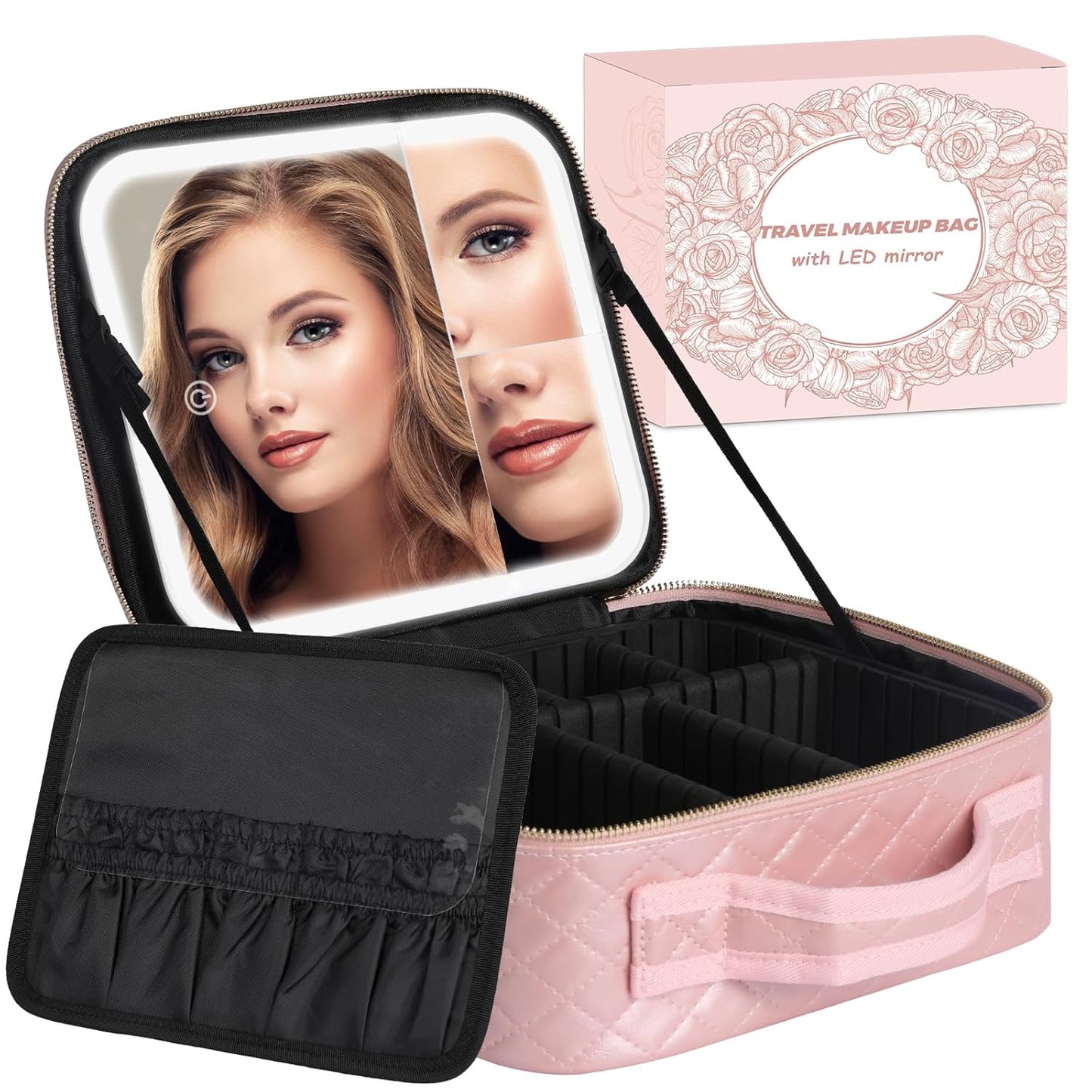Makeup Bag with LED Mirror and Adjustable Brightness Settings