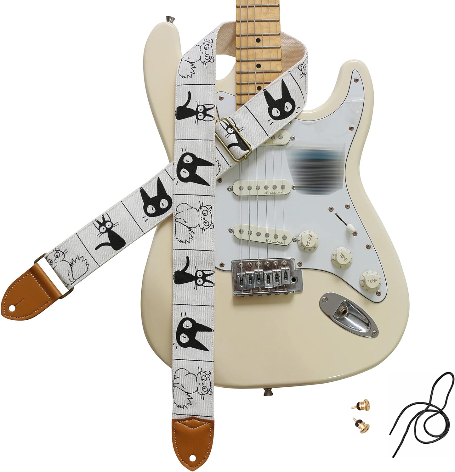 Comic Cat Guitar Strap, 2 Width, Soft Cotton & Leather, Music First