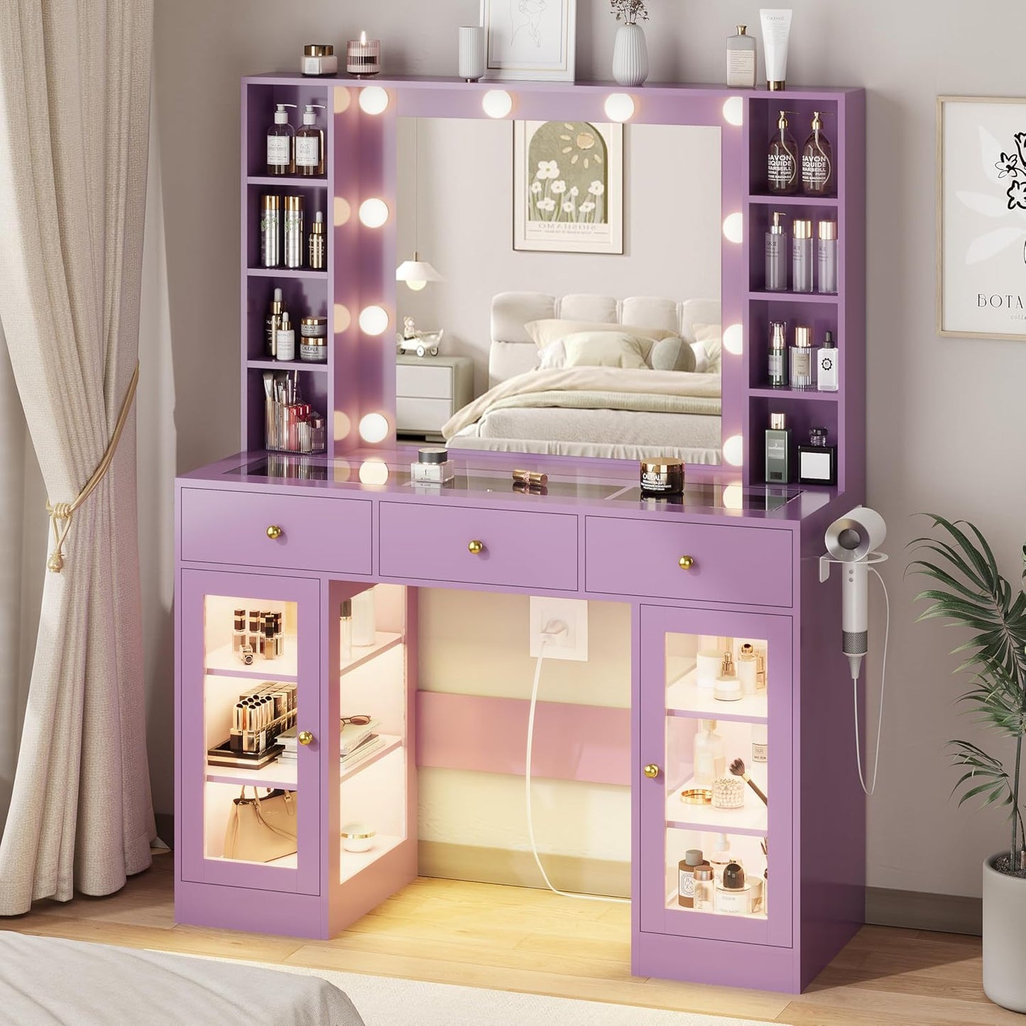 Purple Vanity Desk with Mirror and Lights for Makeup Lovers