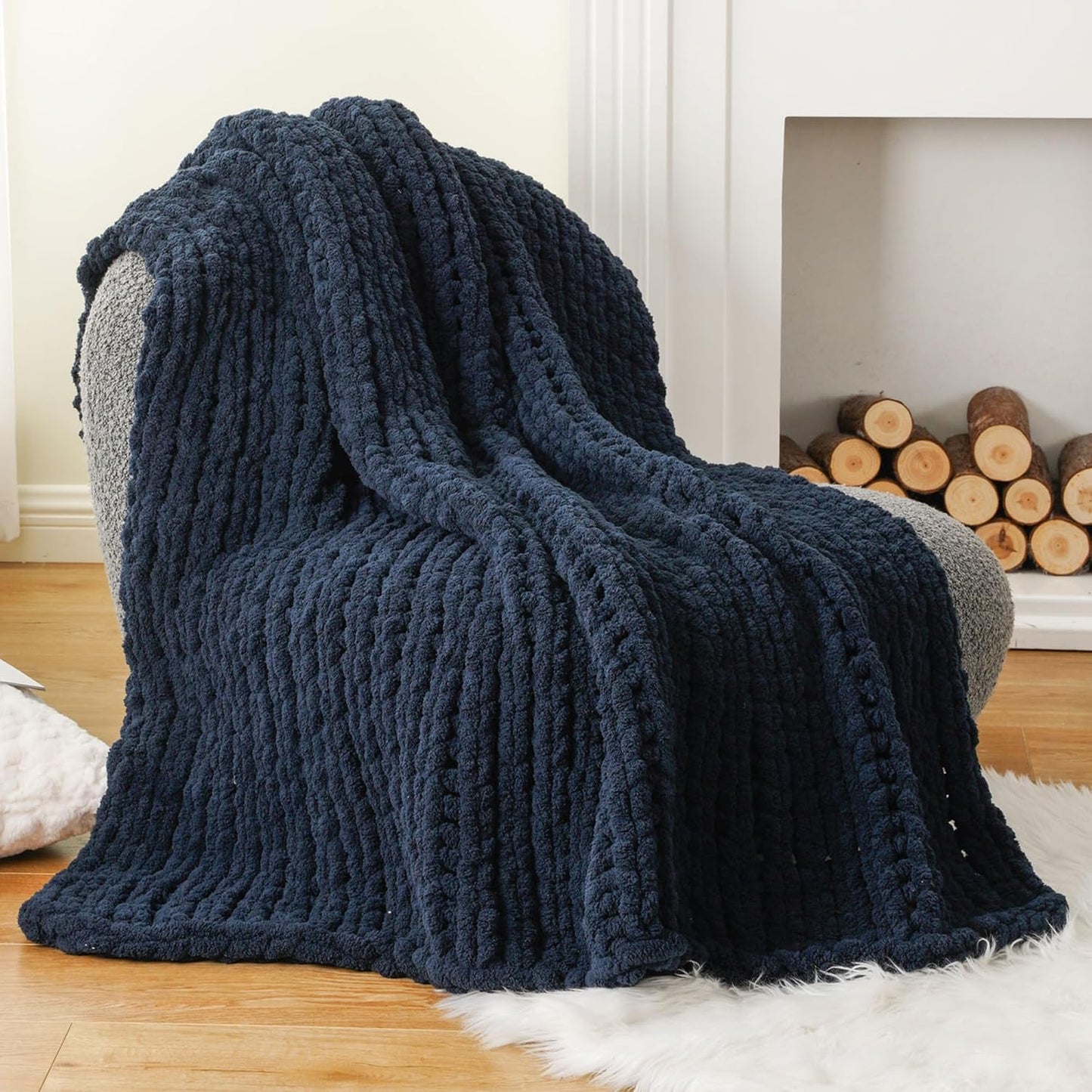 Battilo Navy Chunky Knit Throw Blanket for Cozy Home Decor
