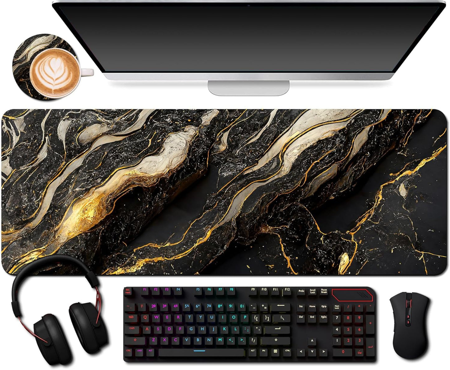 Large Gaming Mouse Pad Set - Rose Gold Marble Design