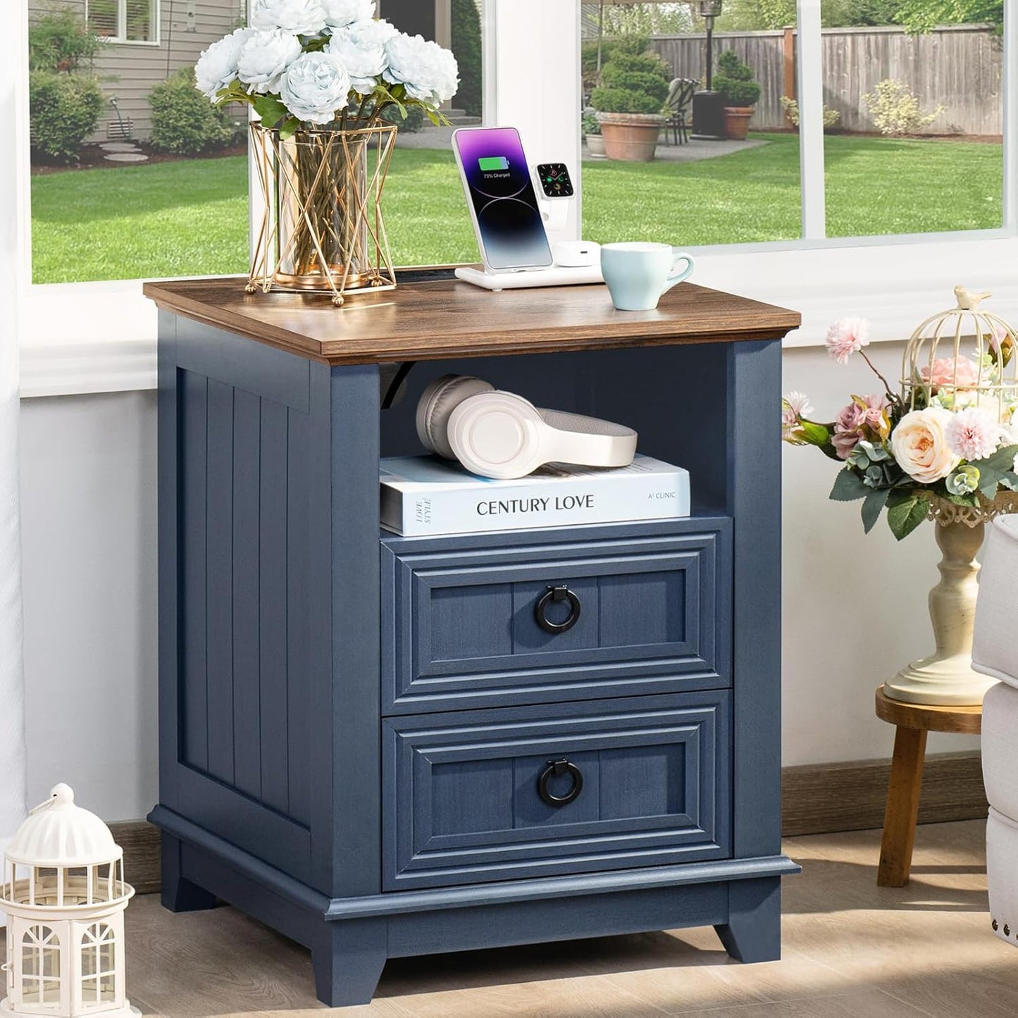 18 Farmhouse Night Stand with Charging Station and Drawers