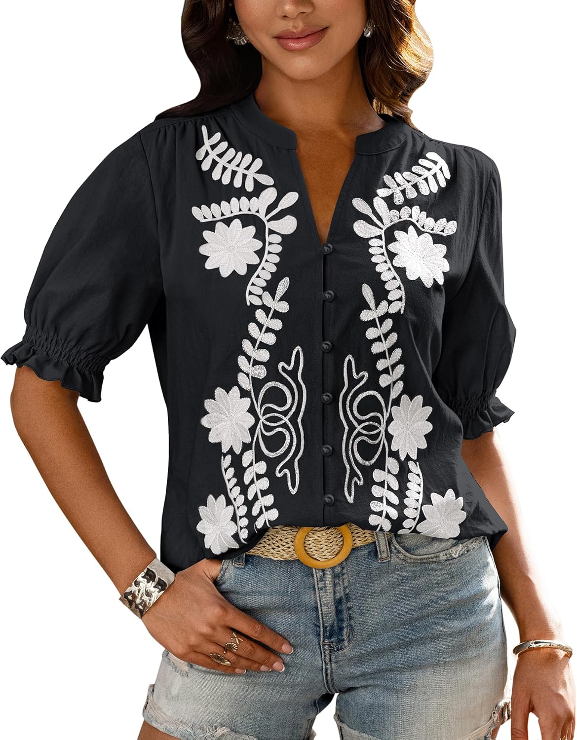 BTFBM Women's Summer Tops Casual Floral V Neck Puff Sleeve Shirts