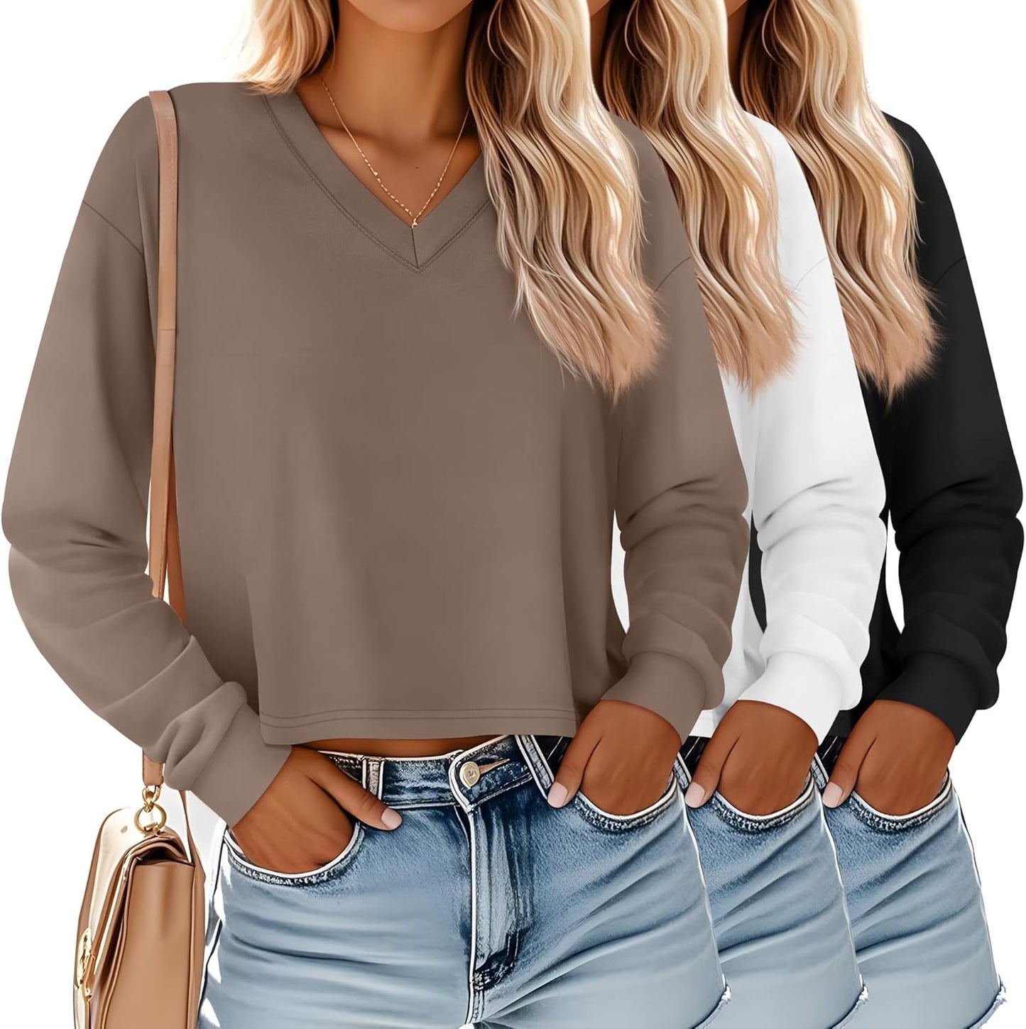 Ficerd 3 Pack Women's Crop Long Sleeve Tops for Casual Style