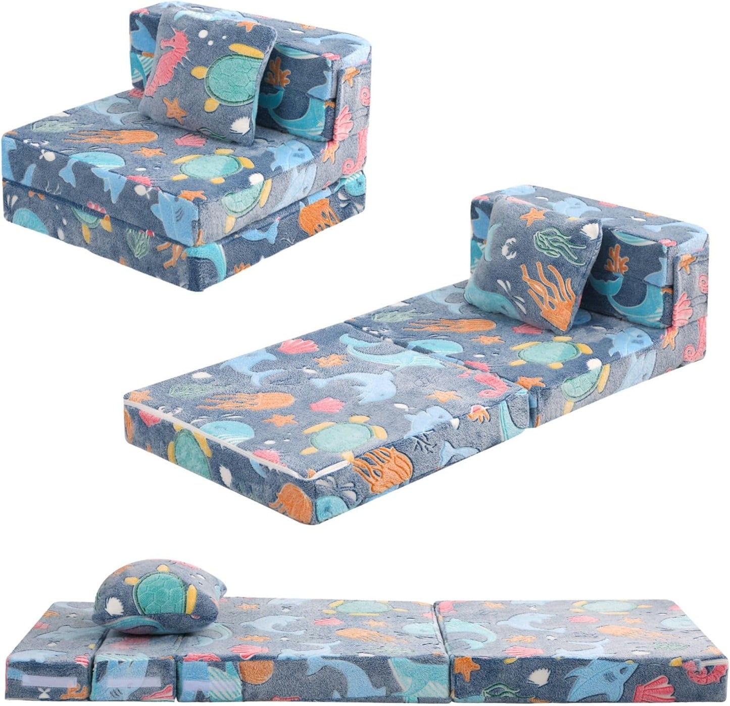 MeMoreCool Foldable Futon Chair Bed for Kids, Glow Tri-fold Sofa