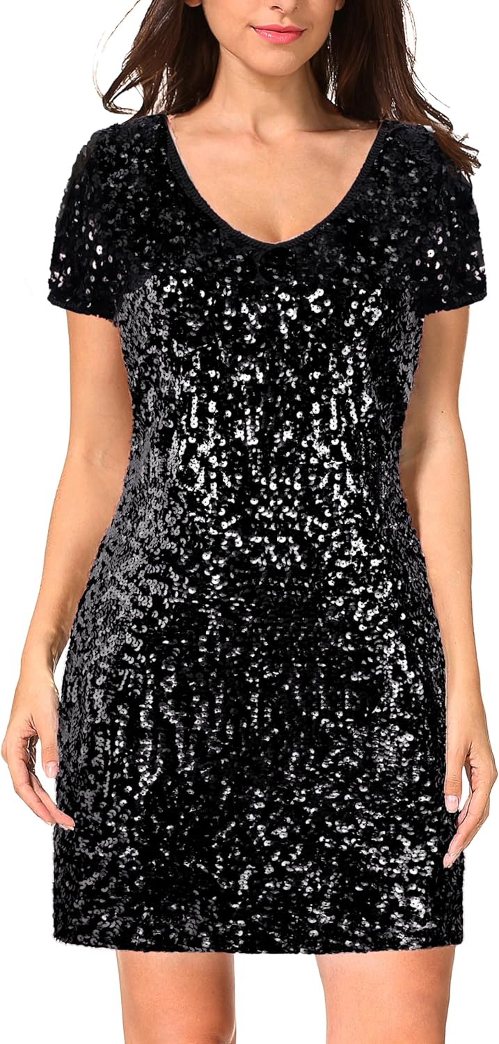 MANER Women's Sequin Glitter Short Sleeve Dress for Parties