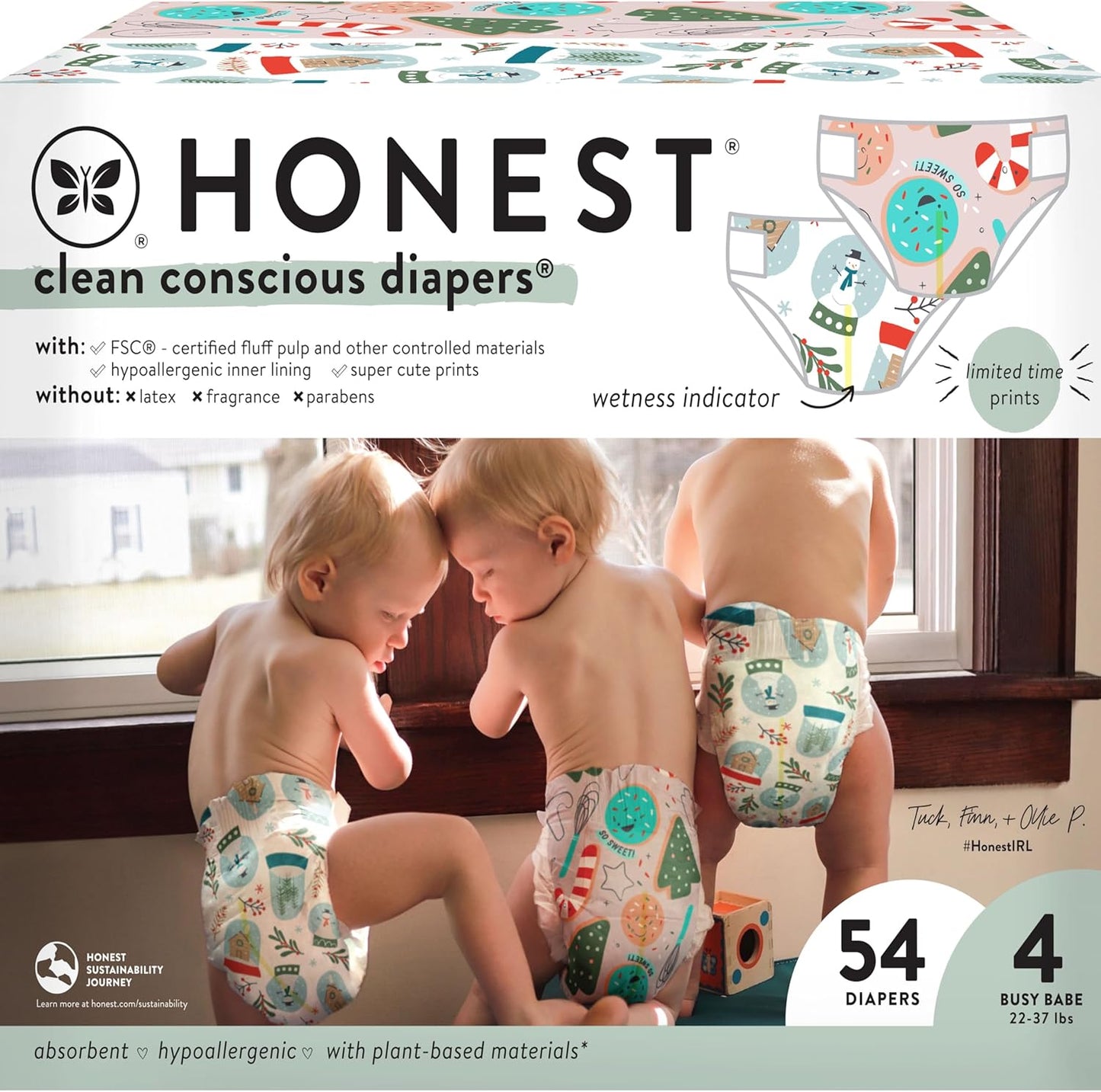 Honest Plant-Based Winter Diapers | Limited Edition Prints | Size 4, 54 Count