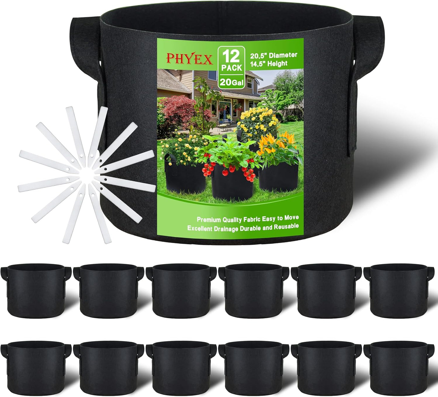 PHYEX 12-Pack 20 Gallon Grow Bags for Healthy Plant Growth