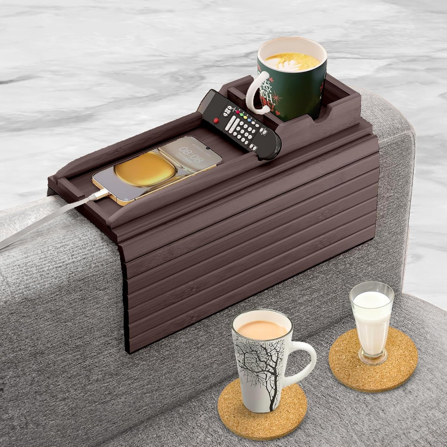 Couch Cup Holder with Cork Coasters - Anti-Slip Sofa Tray