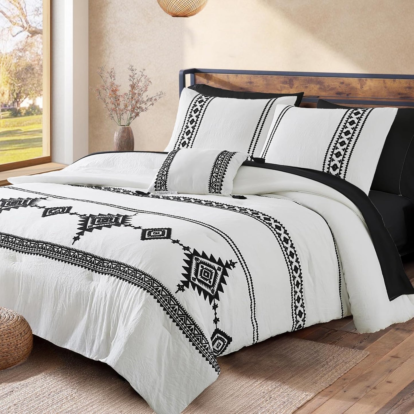 MaiReve Embroidery Boho Comforter Sets Full Size - 7 Piece Set