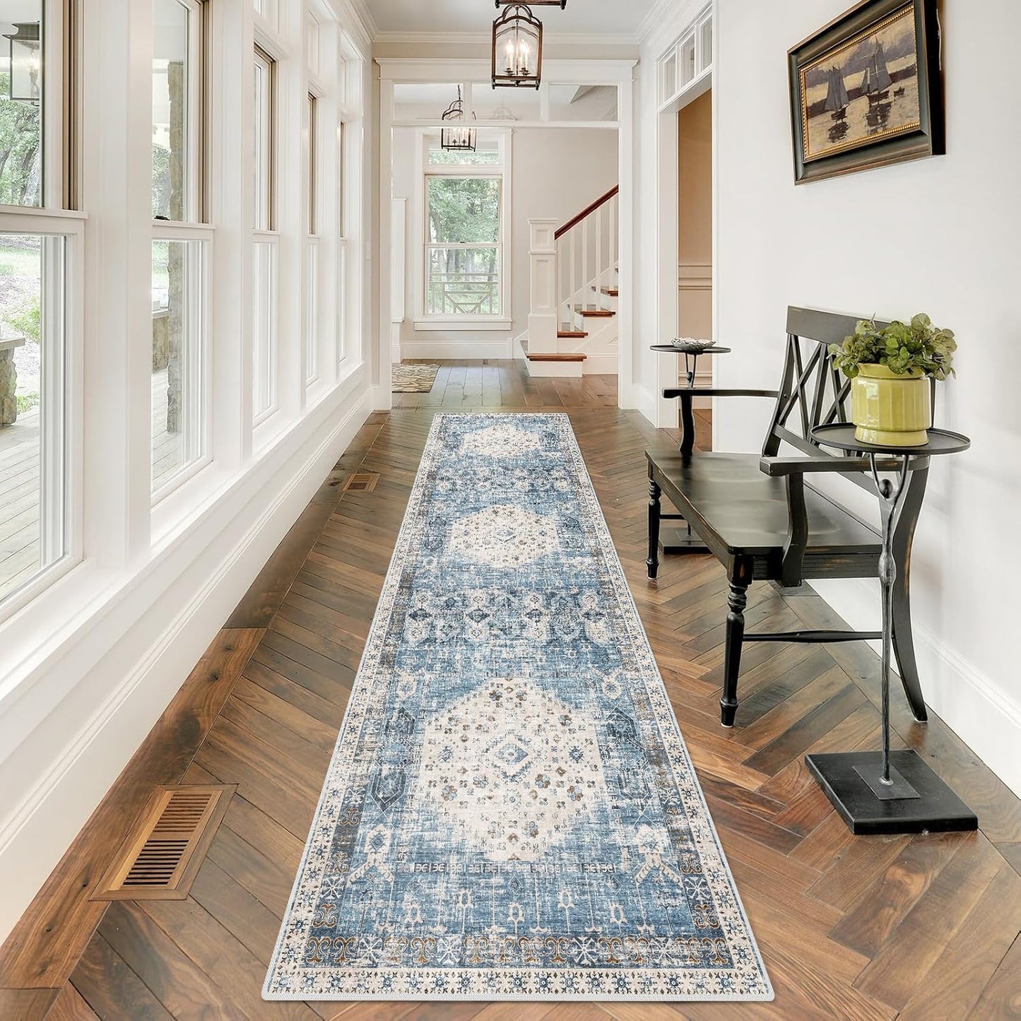 Hallway Washable Runner Rug 2ft6x10 - Non Slip Vintage Mat