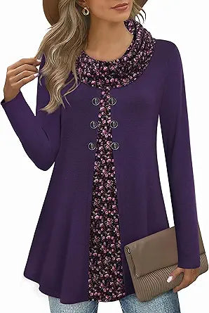 Bebonnie Womens Long Sleeve Cowl Neck Splicing Tunic Tops