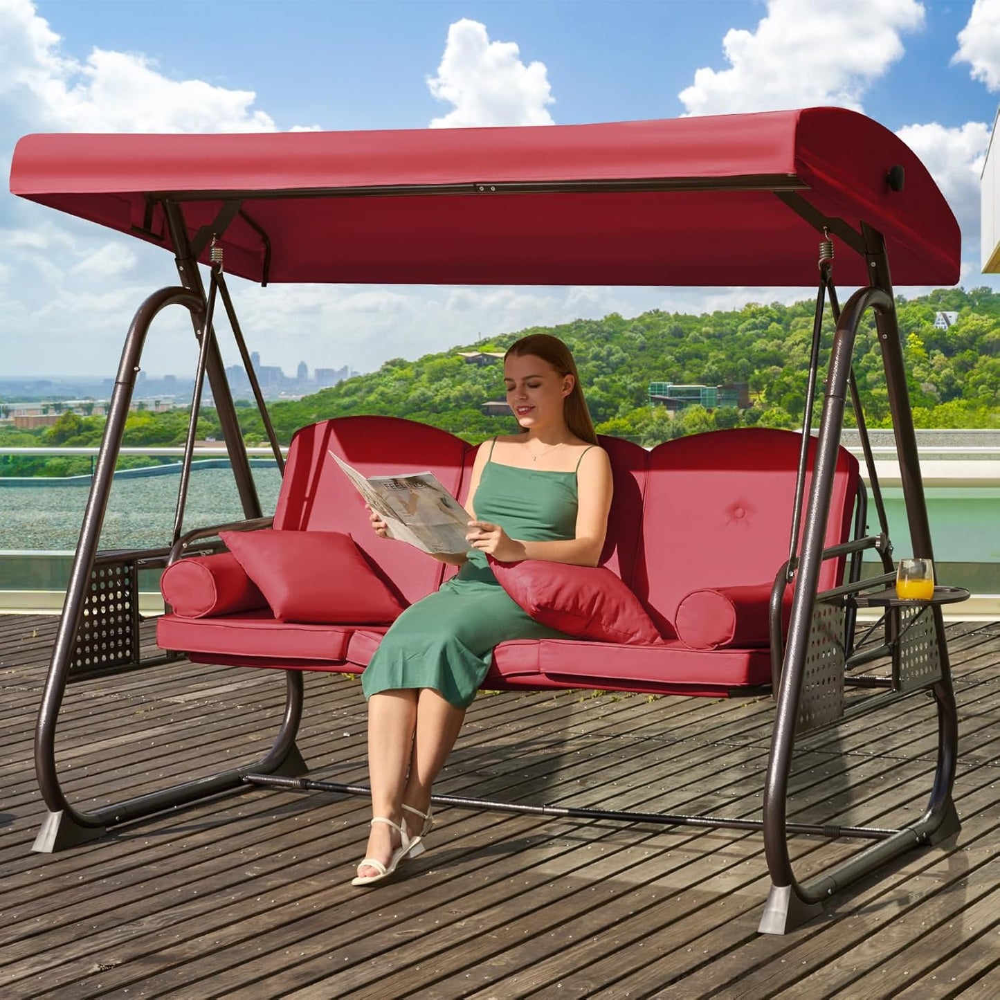 3 in 1 Outdoor Porch Swing with Adjustable Canopy for Comfort