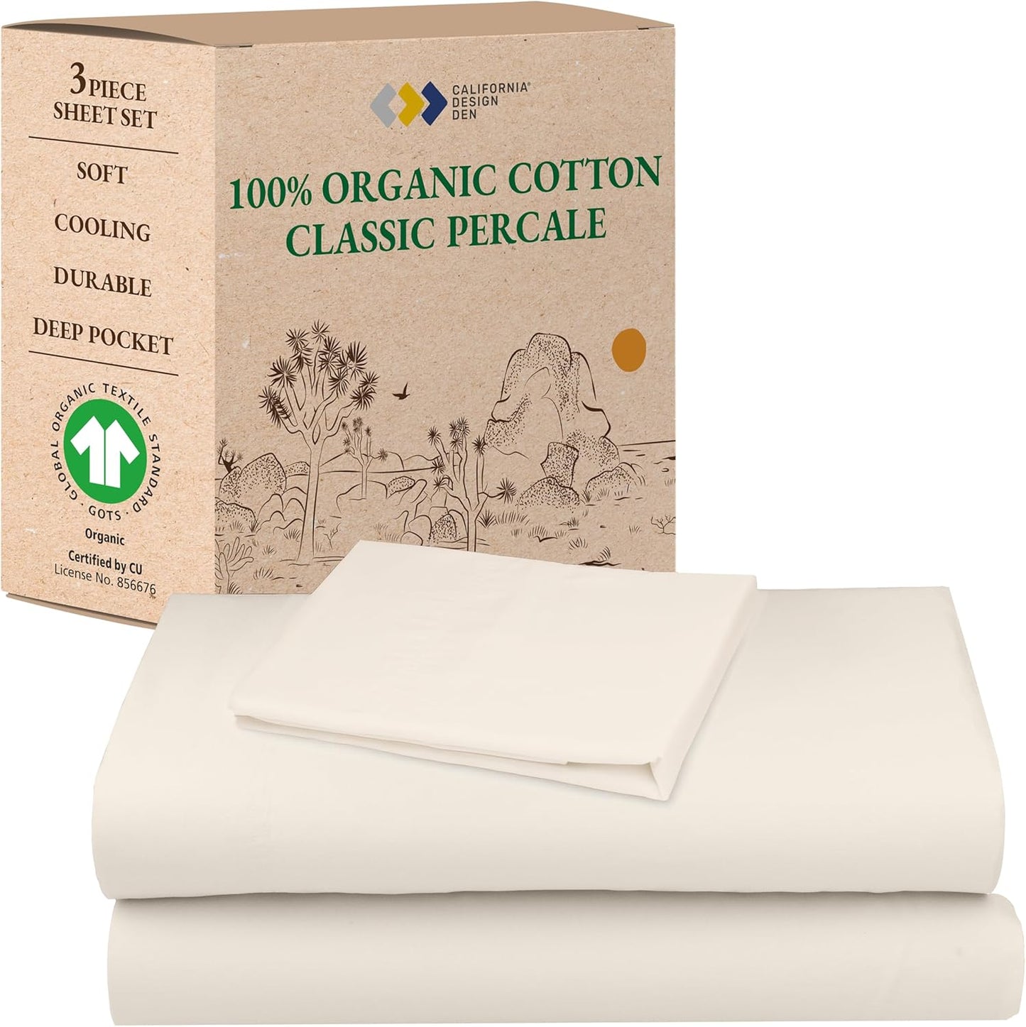 California Design Den Twin Bed Sheets Set - Organic Cotton Percale