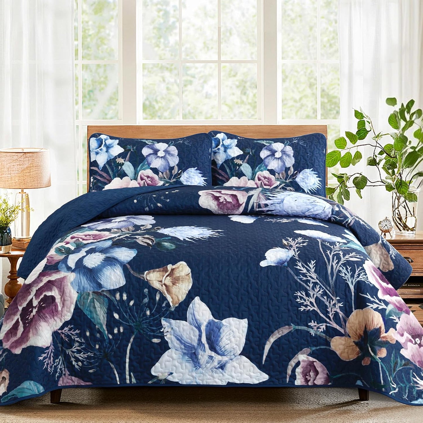 Drucon Blue Floral Quilt Set Queen Size for All Seasons Comfort