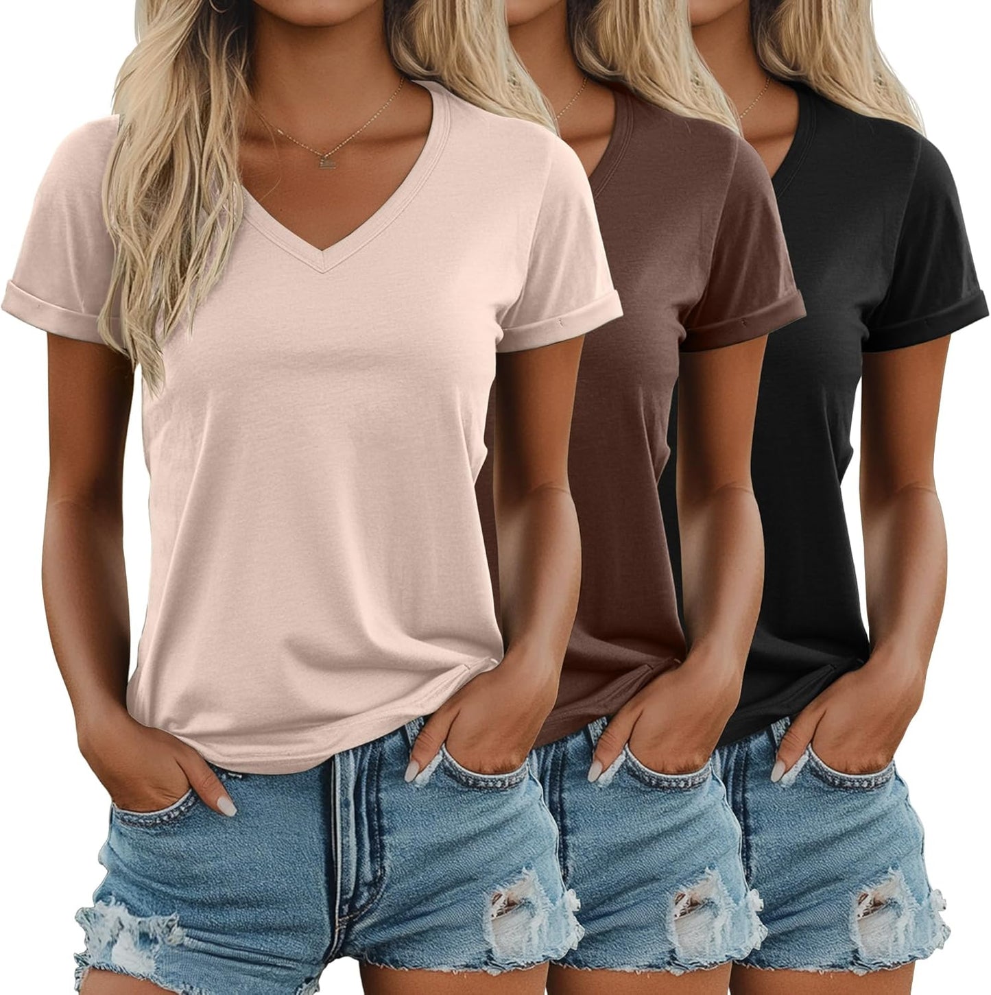 Ficerd Women's V Neck T Shirts 3 Pack for Summer Casual Wear