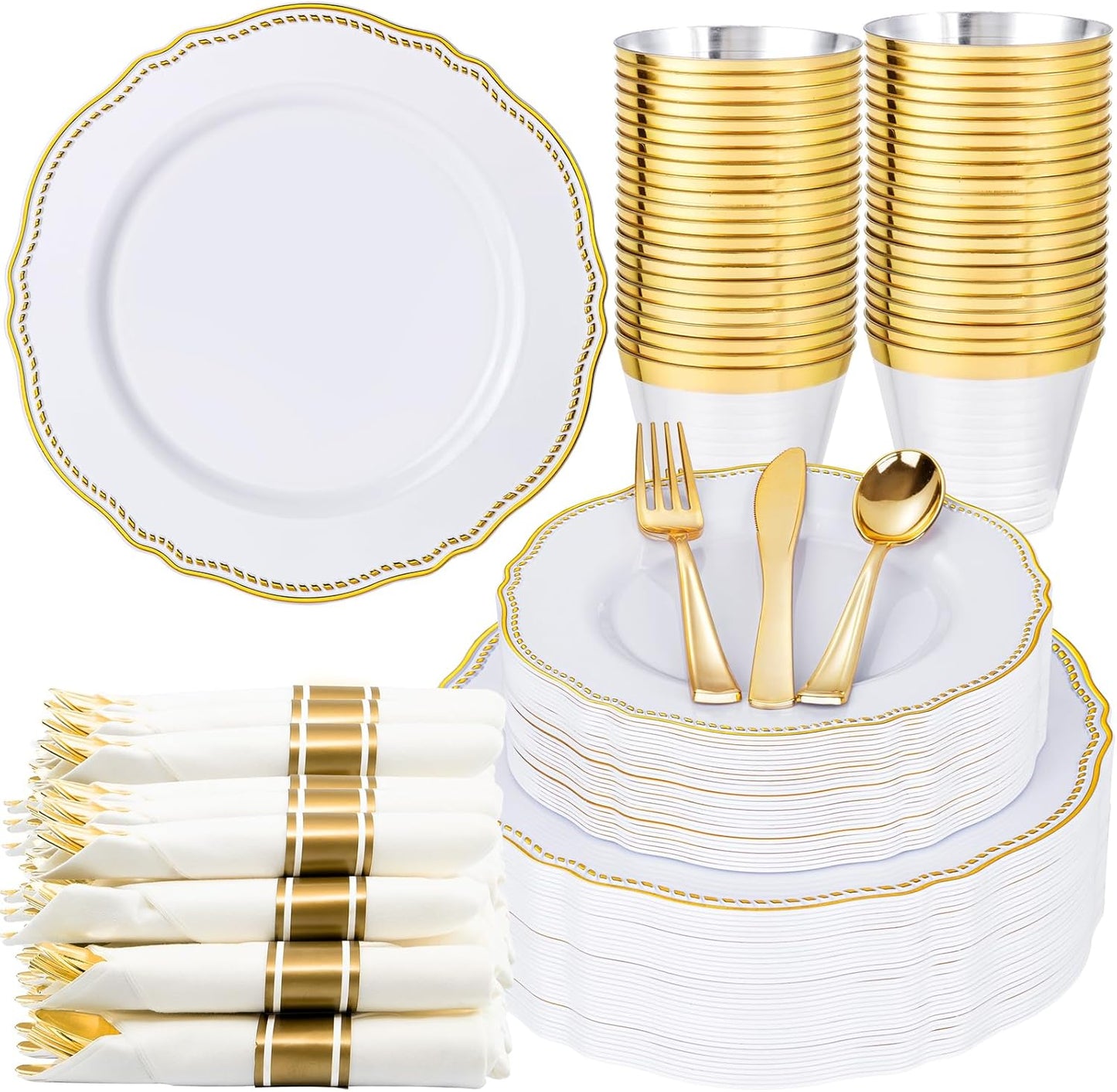 Hioasis 175pcs White and Gold Plastic Plates for Parties