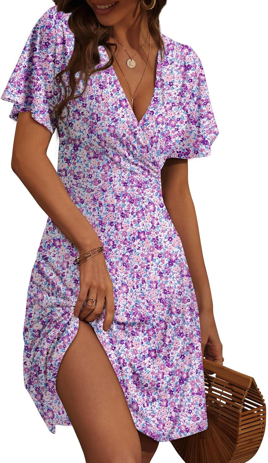 FENSACE Womens Sundress Summer Floral Short Sleeve Wrap Dress
