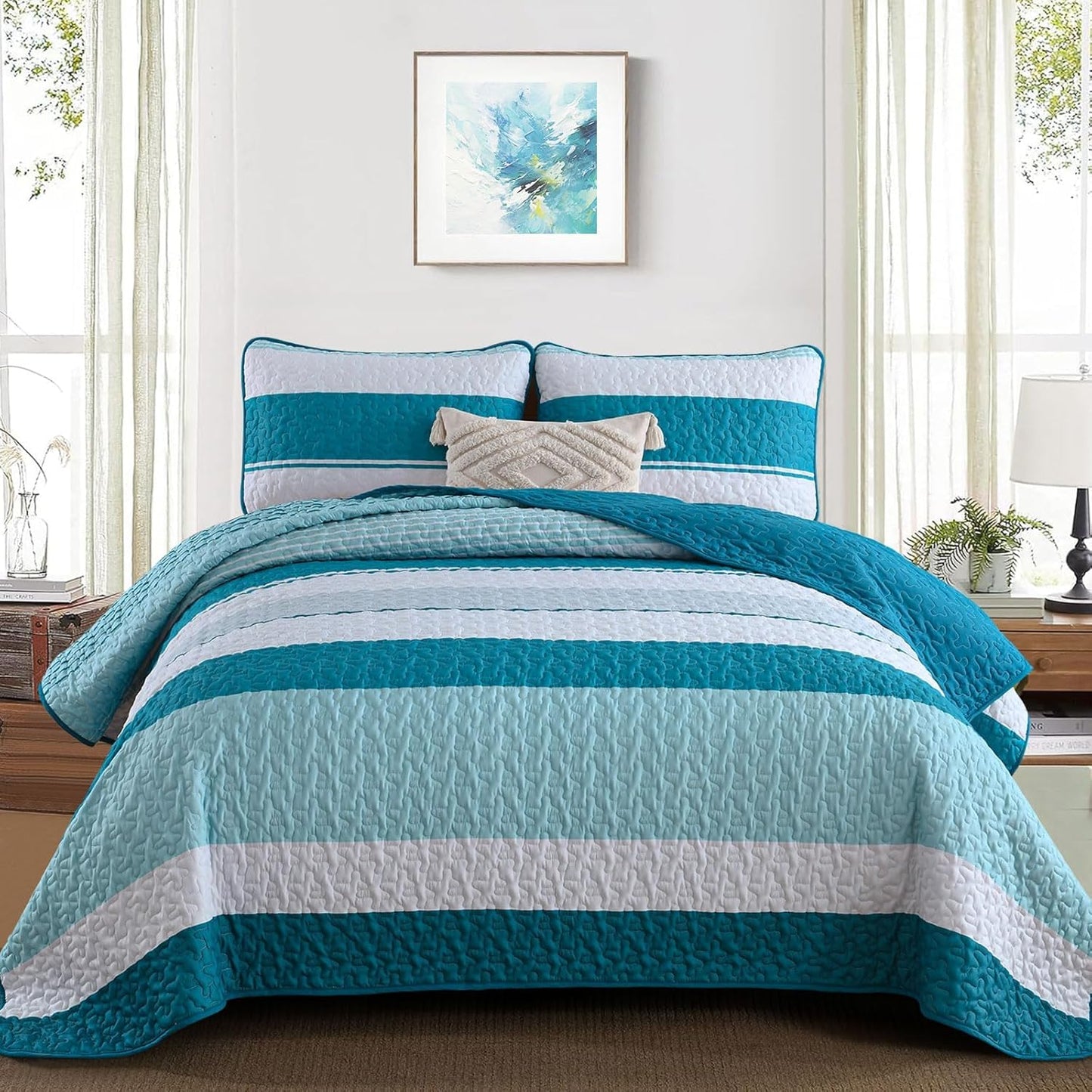 Boho Quilt Set California King Size Soft Lightweight Teal Bedding