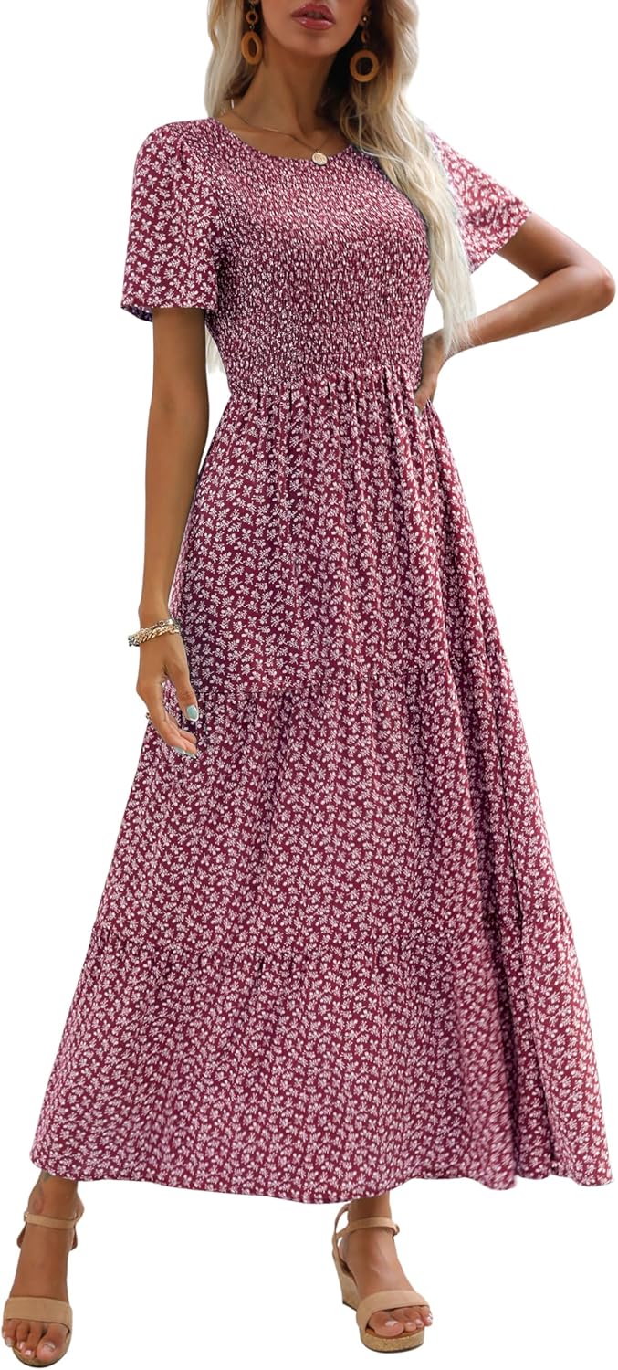 Maggeer Womens Smocked Wedding Guest Maxi Dress for Summer