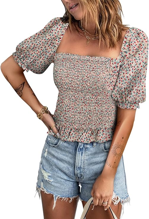EVALESS Blouses for Women Puff Long Sleeve Square Neck Tops