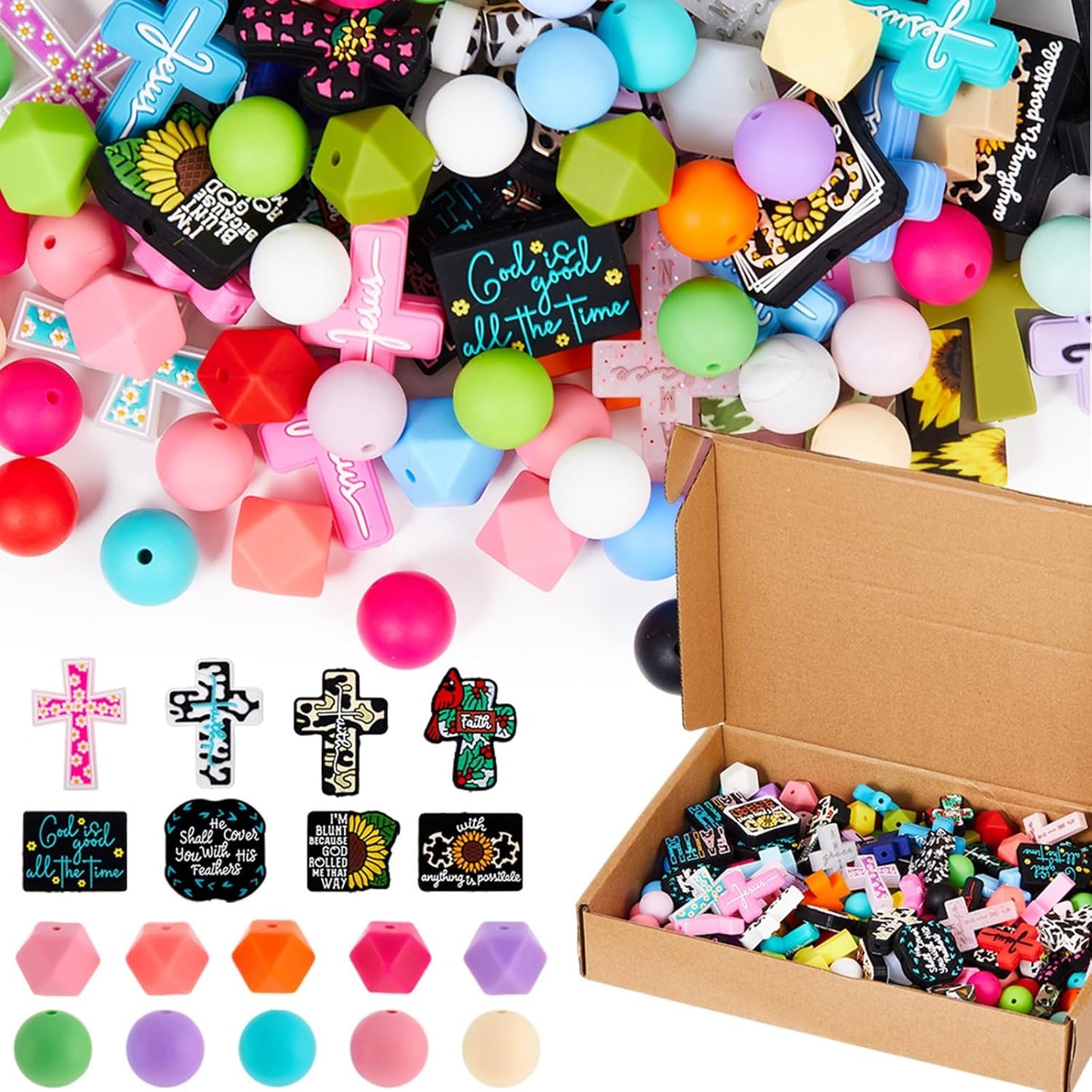 200 Pcs Inspirational Cross Silicone Focal Beads for Crafting