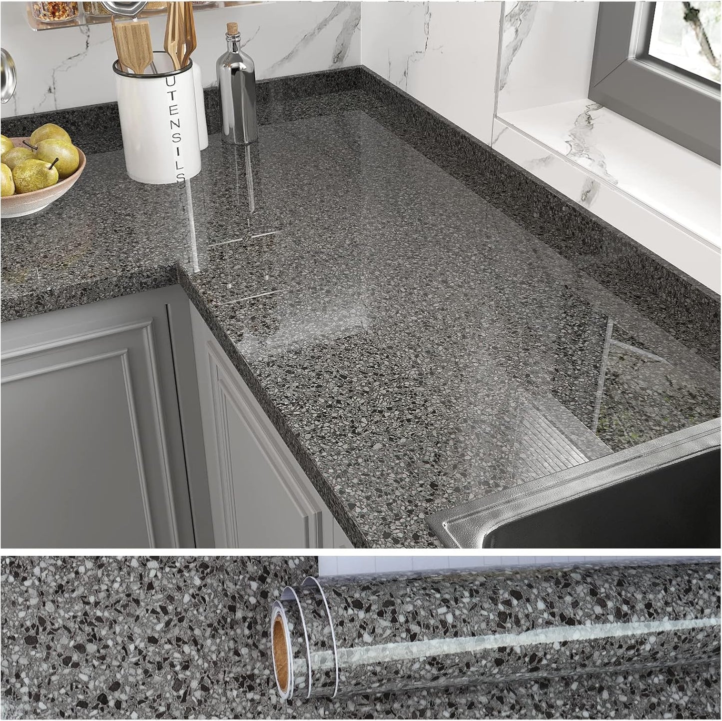 VEELIKE Dark Granite Countertop Peel and Stick Waterproof Paper