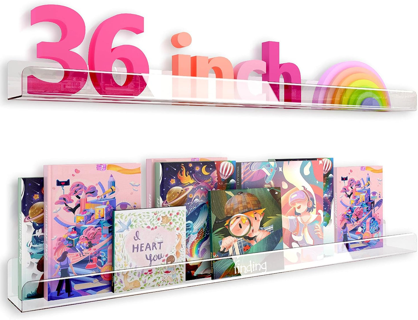 36 Inch Clear Acrylic Book Shelves for Kids Room Organization