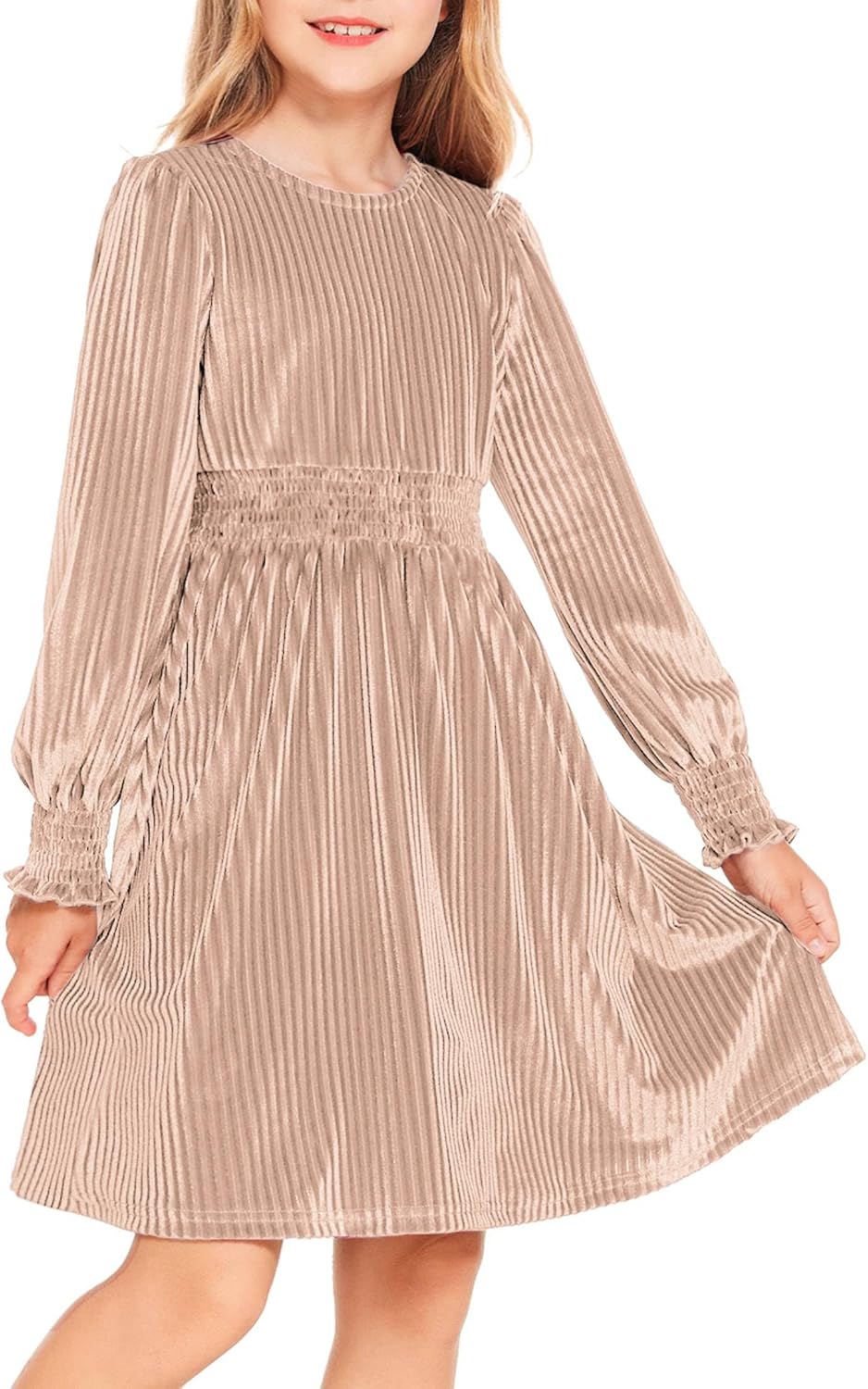 Arshiner Girls Long Sleeve Velvet Midi Dress for Kids 4-13Y