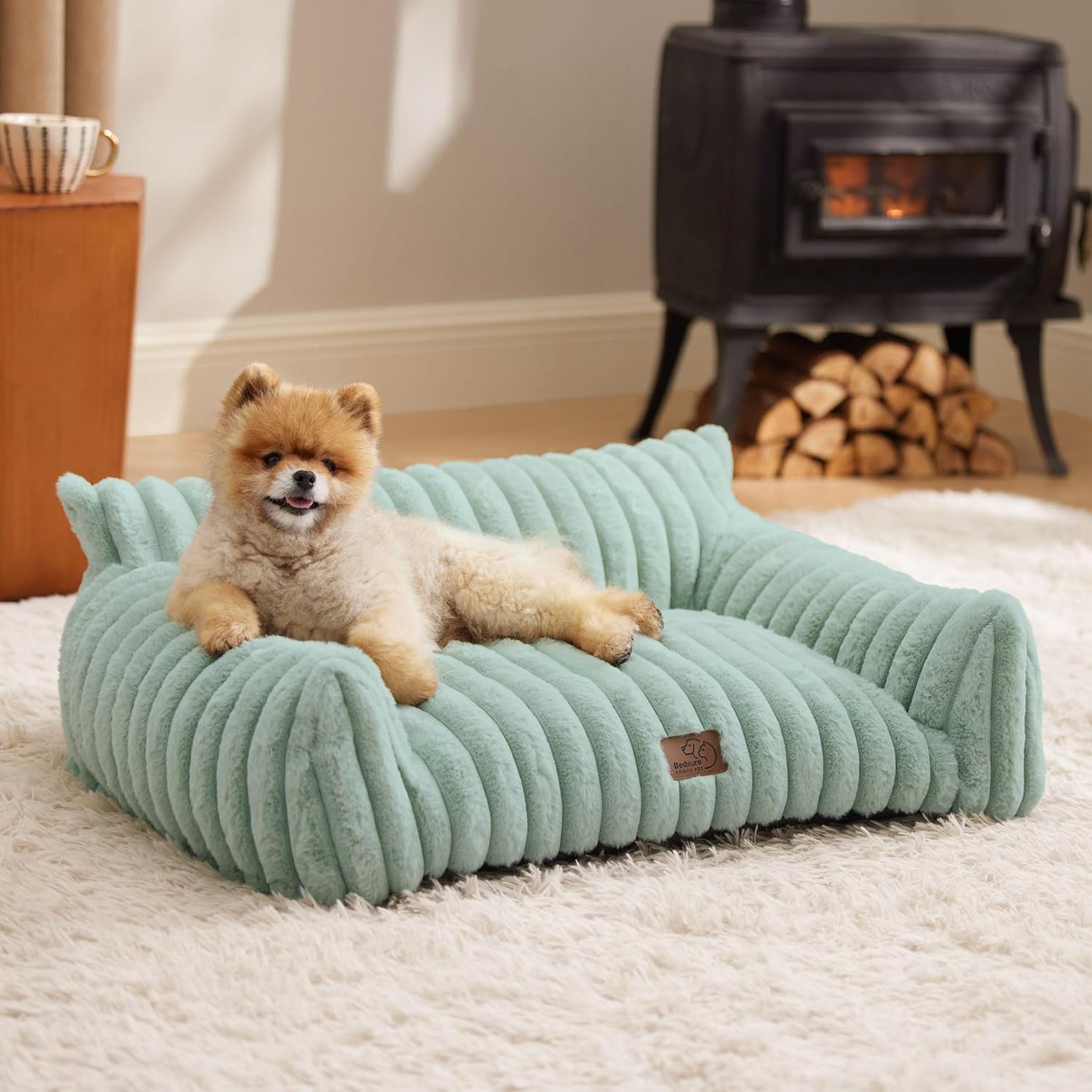 Bedsure Cute Cat Couch for Pets - Fluffy Dog Sofa 30in Green