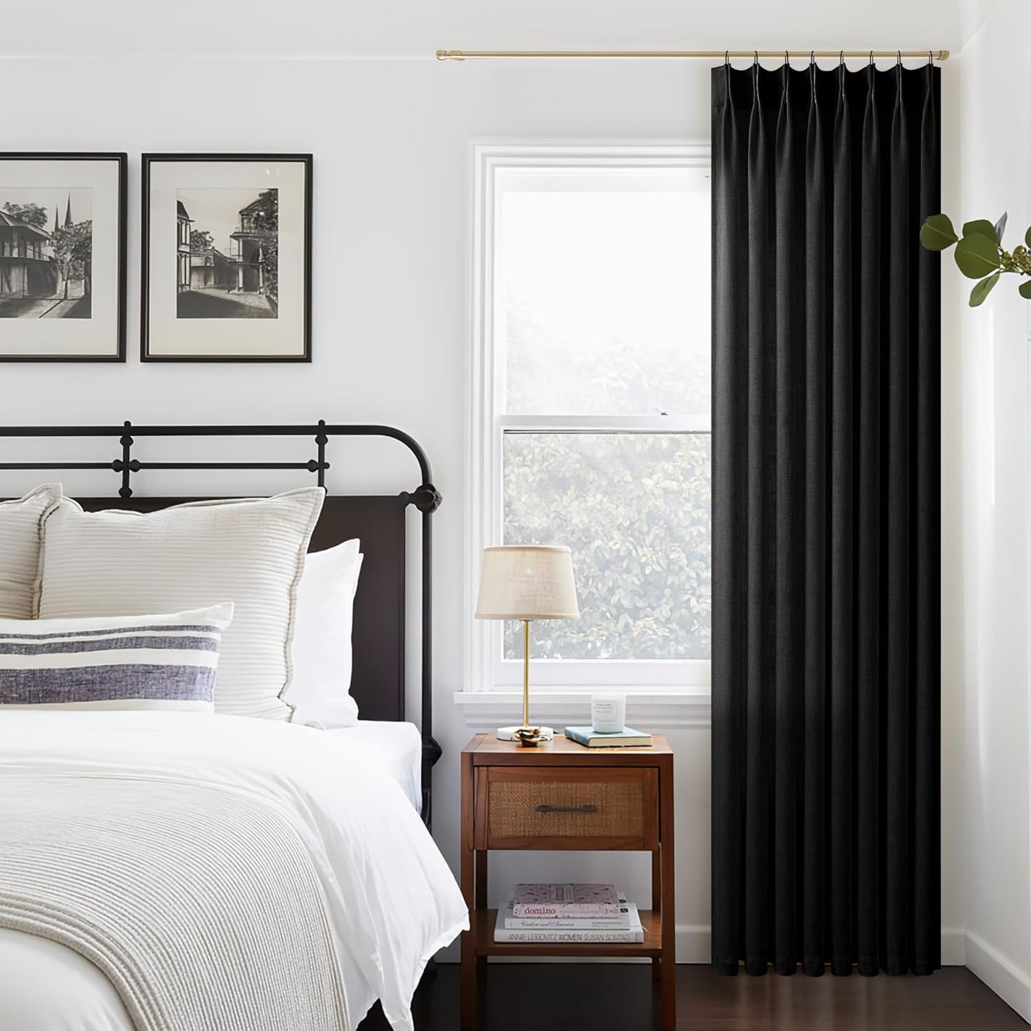 Black Linen Curtains Pinch Pleated 90 Inches Long for Elegance
