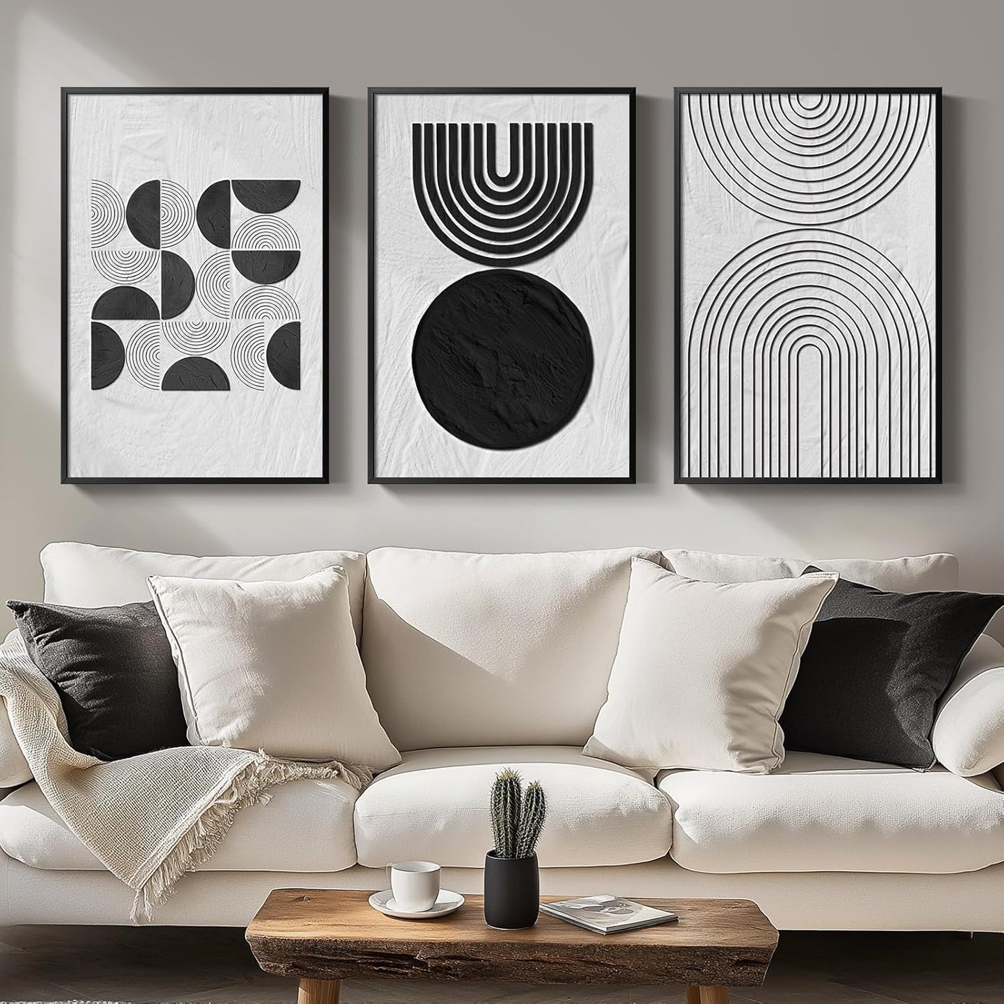 Large Framed Black and White Abstract Wall Art Set of 3
