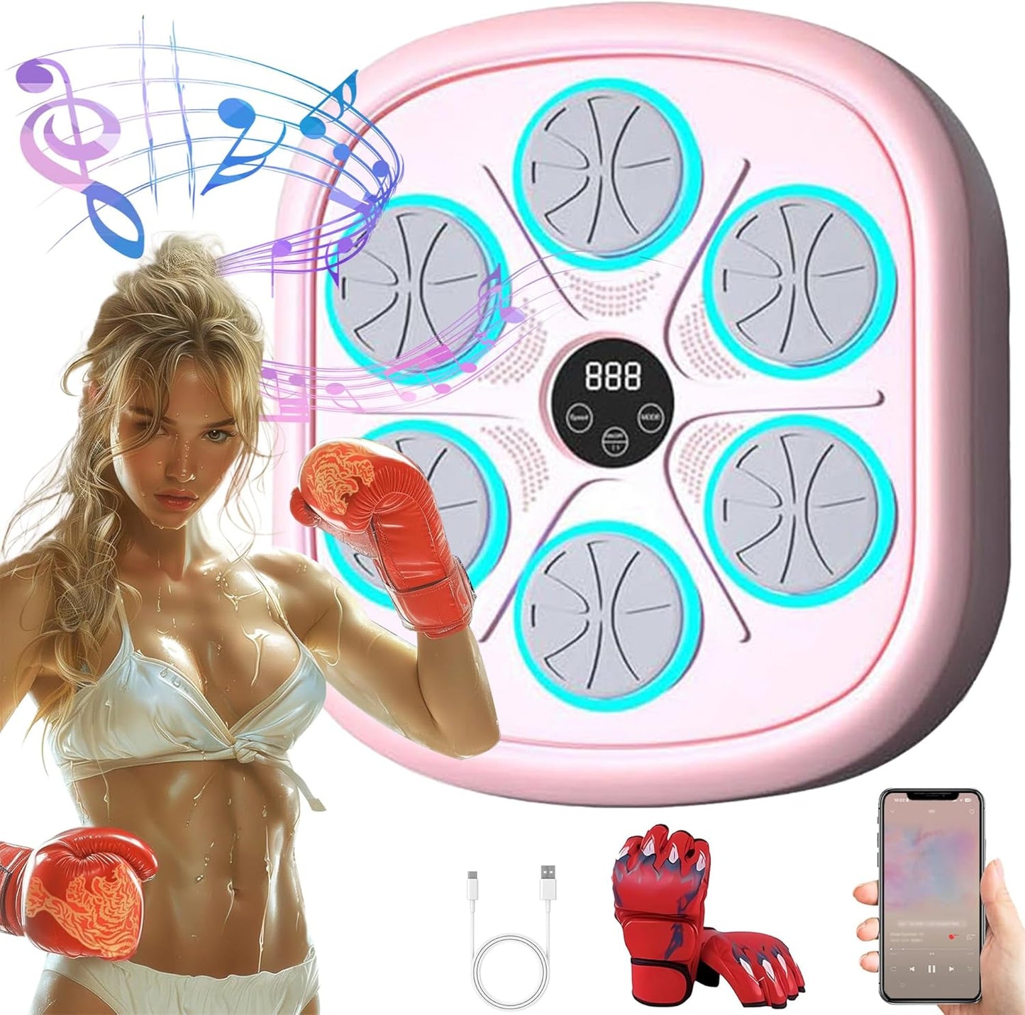 Pink Smart Music Boxing Machine with Gloves - JcoGel