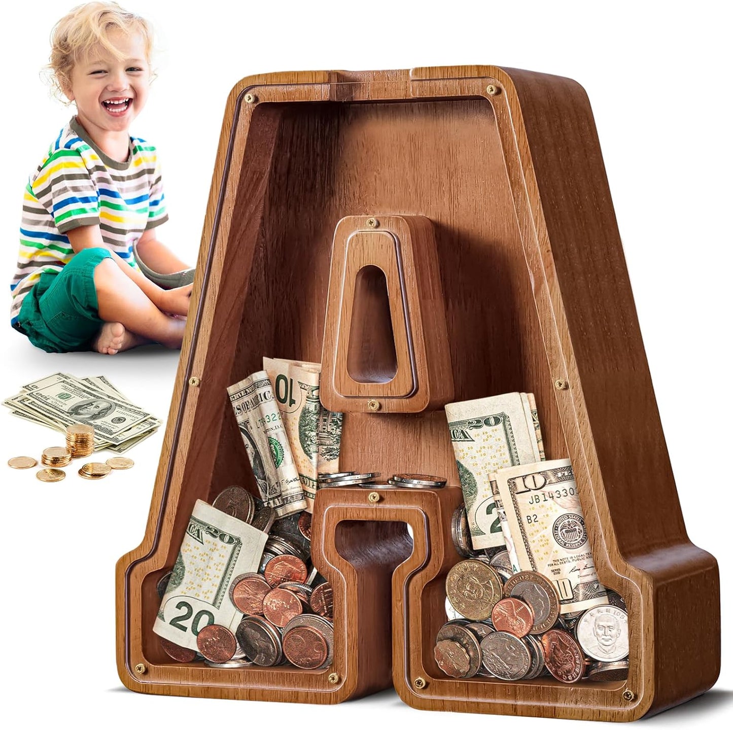 Summidate Large Wooden Piggy Bank for Kids and Adults Gift