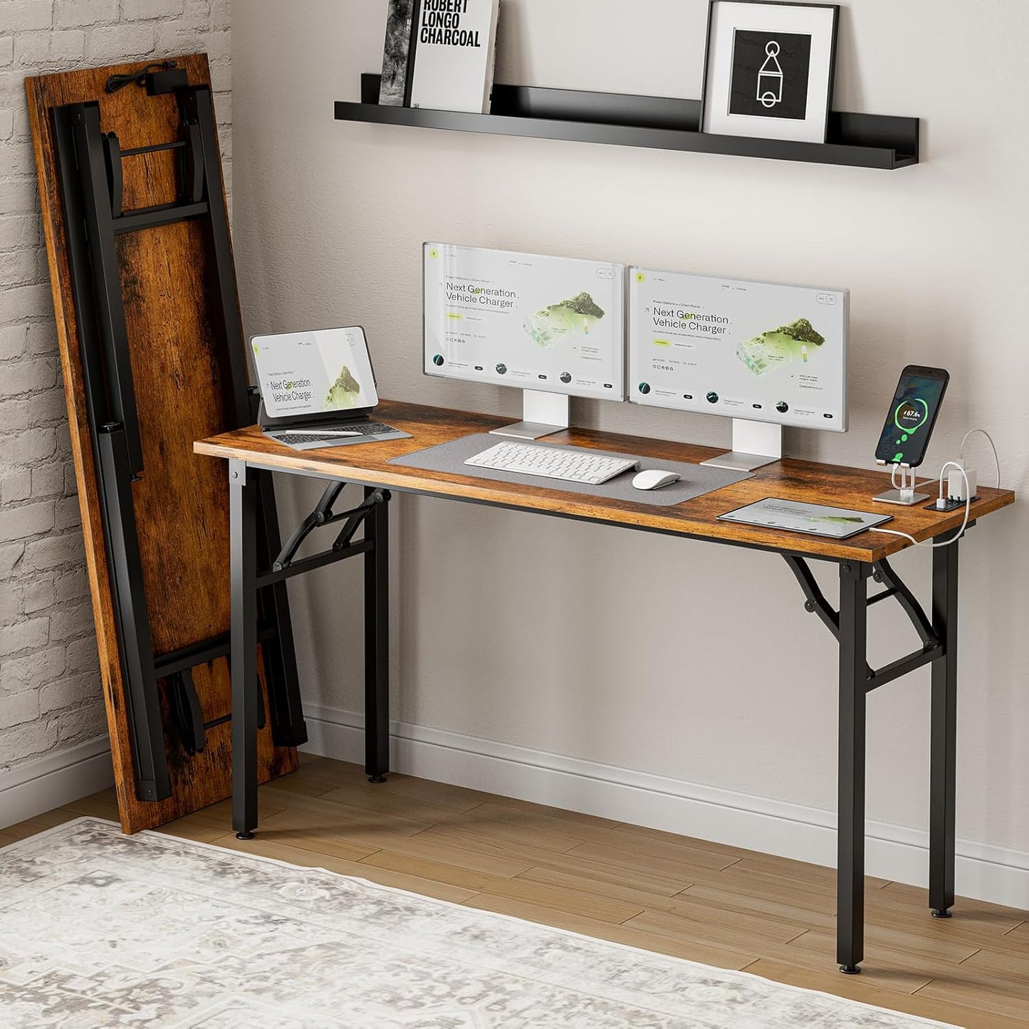 Frylr Small Folding Computer Desk with Built-in Power Hub