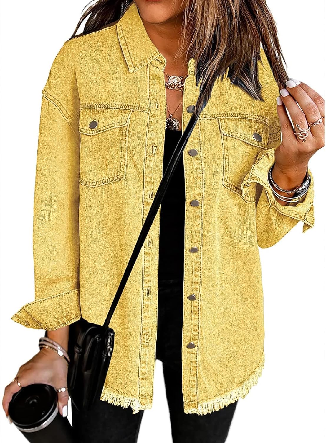 Oversized Button Up Frayed Hem Shacket for Women Denim Jacket