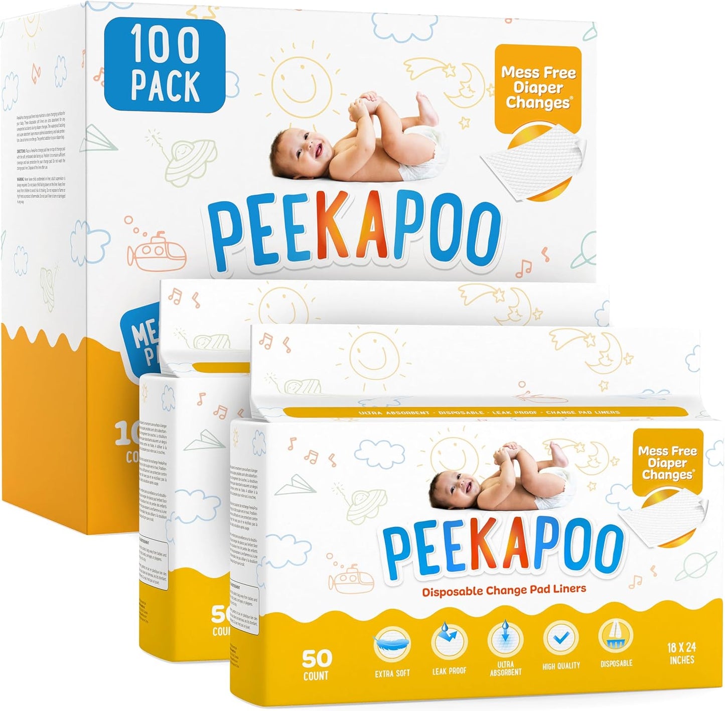 Peekapoo Disposable Baby Changing Pad Liners for Mess-Free Changes